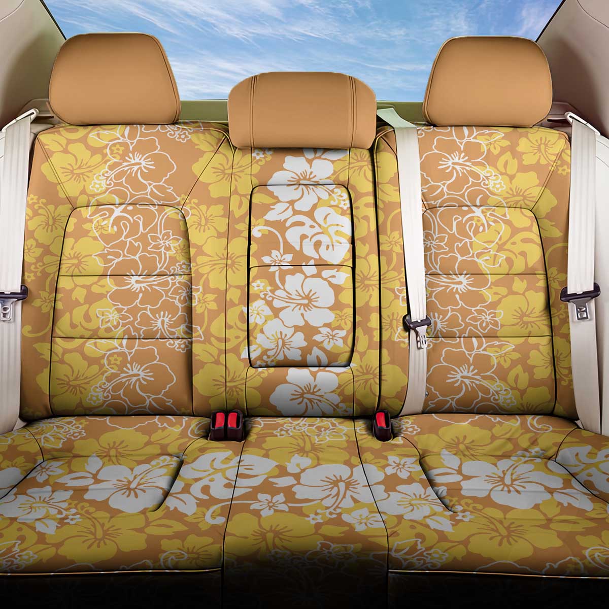 Hawaiian Lei Day Back Car Seat Cover Gold Hibiscus Flowers Lei Art