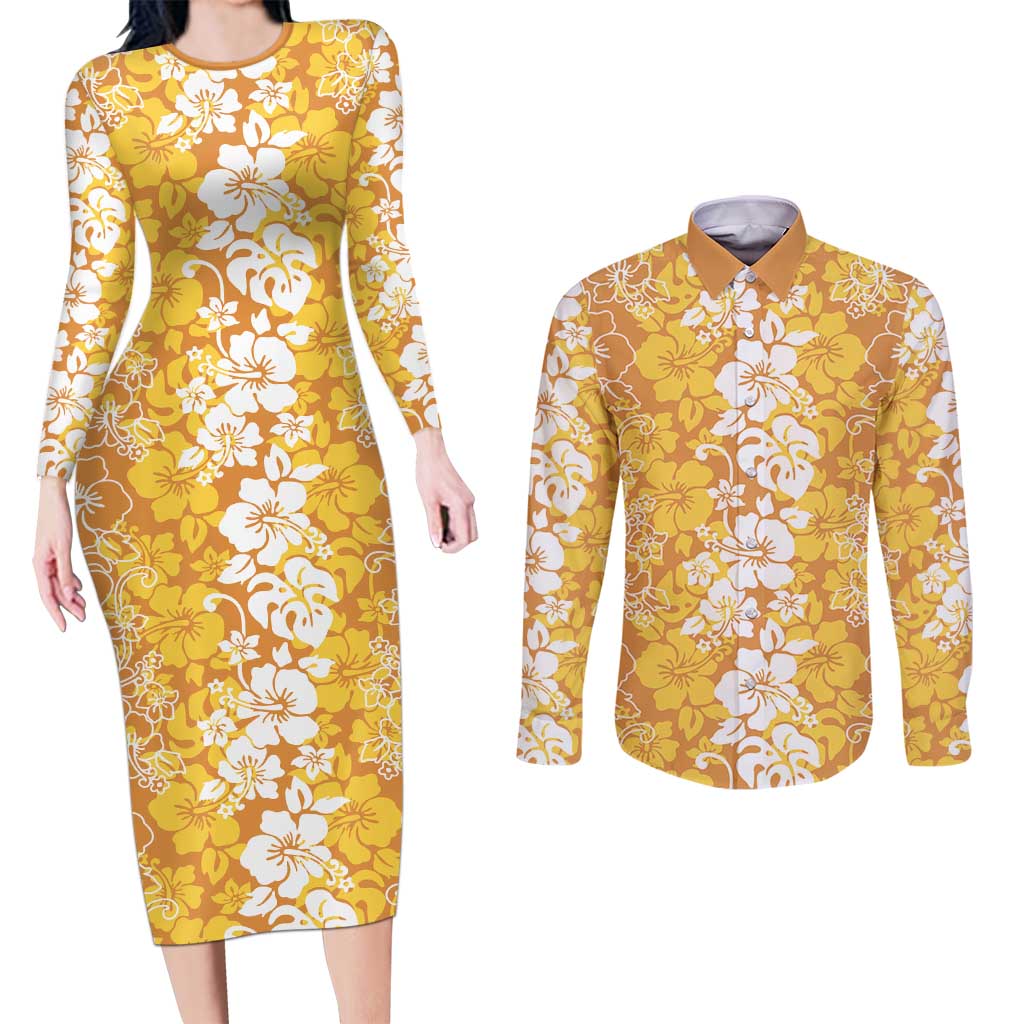 Hawaiian Lei Day Couples Matching Long Sleeve Bodycon Dress and Long Sleeve Button Shirt Gold Hibiscus Flowers Lei Art LT9 Gold - Polynesian Pride
