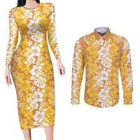 Hawaiian Lei Day Couples Matching Long Sleeve Bodycon Dress and Long Sleeve Button Shirt Gold Hibiscus Flowers Lei Art LT9 Gold - Polynesian Pride