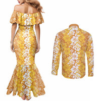 Hawaiian Lei Day Couples Matching Mermaid Dress and Long Sleeve Button Shirt Gold Hibiscus Flowers Lei Art