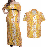 Hawaiian Lei Day Couples Matching Off Shoulder Maxi Dress and Hawaiian Shirt Gold Hibiscus Flowers Lei Art LT9 Gold - Polynesian Pride