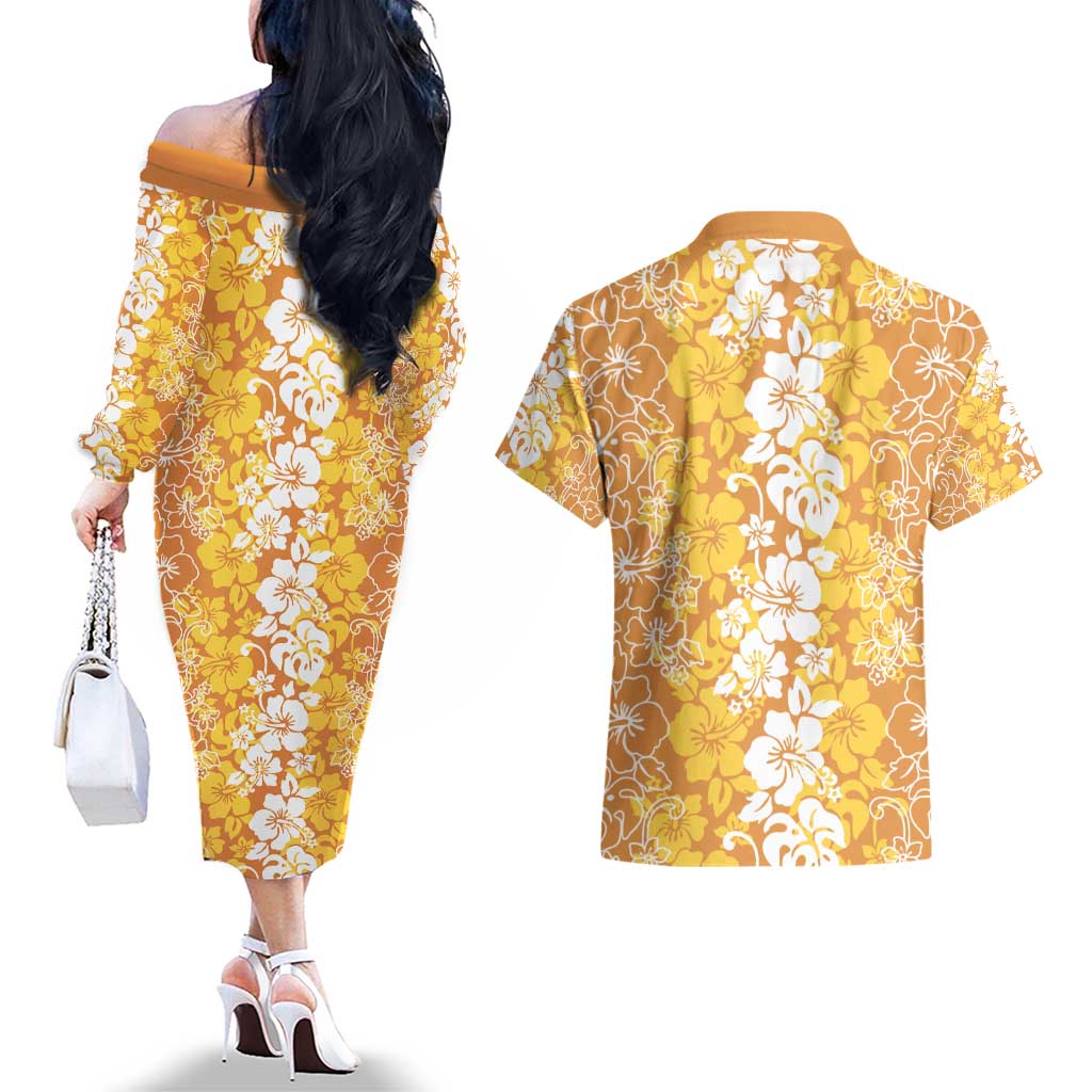 Hawaiian Lei Day Couples Matching Off The Shoulder Long Sleeve Dress and Hawaiian Shirt Gold Hibiscus Flowers Lei Art LT9 - Polynesian Pride
