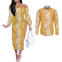 Hawaiian Lei Day Couples Matching Off The Shoulder Long Sleeve Dress and Long Sleeve Button Shirt Gold Hibiscus Flowers Lei Art LT9 Gold - Polynesian Pride