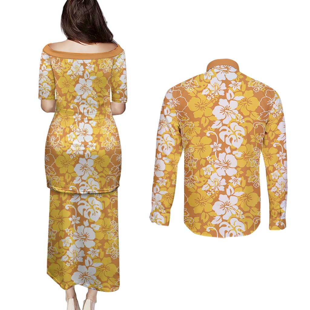 Hawaiian Lei Day Couples Matching Puletasi and Long Sleeve Button Shirt Gold Hibiscus Flowers Lei Art