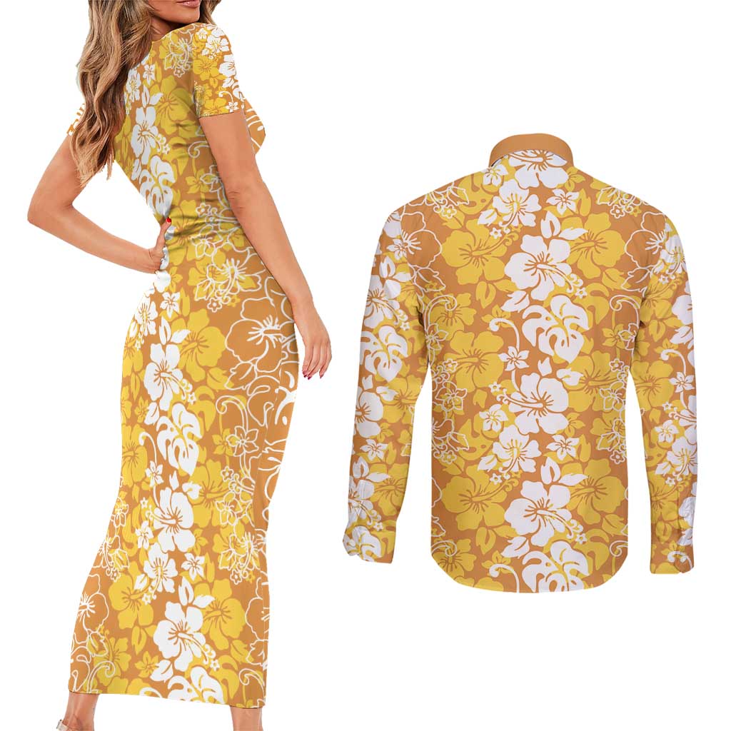 Hawaiian Lei Day Couples Matching Short Sleeve Bodycon Dress and Long Sleeve Button Shirt Gold Hibiscus Flowers Lei Art LT9 - Polynesian Pride