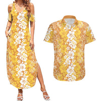 Hawaiian Lei Day Couples Matching Summer Maxi Dress and Hawaiian Shirt Gold Hibiscus Flowers Lei Art LT9 Gold - Polynesian Pride