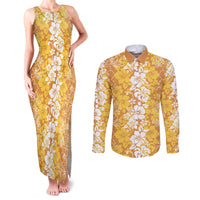 Hawaiian Lei Day Couples Matching Tank Maxi Dress and Long Sleeve Button Shirt Gold Hibiscus Flowers Lei Art