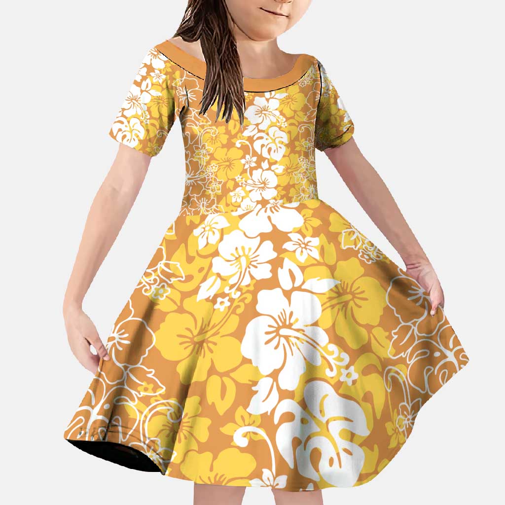 Hawaiian Lei Day Family Matching Long Sleeve Bodycon Dress and Hawaiian Shirt Gold Hibiscus Flowers Lei Art LT9 Daughter's Dress Gold - Polynesian Pride