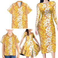 Hawaiian Lei Day Family Matching Long Sleeve Bodycon Dress and Hawaiian Shirt Gold Hibiscus Flowers Lei Art LT9 - Polynesian Pride