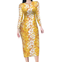 Hawaiian Lei Day Family Matching Long Sleeve Bodycon Dress and Hawaiian Shirt Gold Hibiscus Flowers Lei Art LT9 Mom's Dress Gold - Polynesian Pride