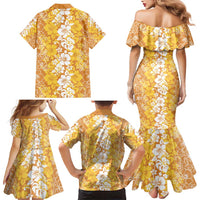 Hawaiian Lei Day Family Matching Mermaid Dress and Hawaiian Shirt Gold Hibiscus Flowers Lei Art LT9 - Polynesian Pride