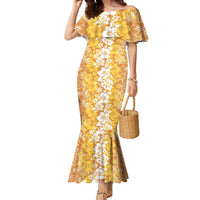 Hawaiian Lei Day Family Matching Mermaid Dress and Hawaiian Shirt Gold Hibiscus Flowers Lei Art LT9 Mom's Dress Gold - Polynesian Pride