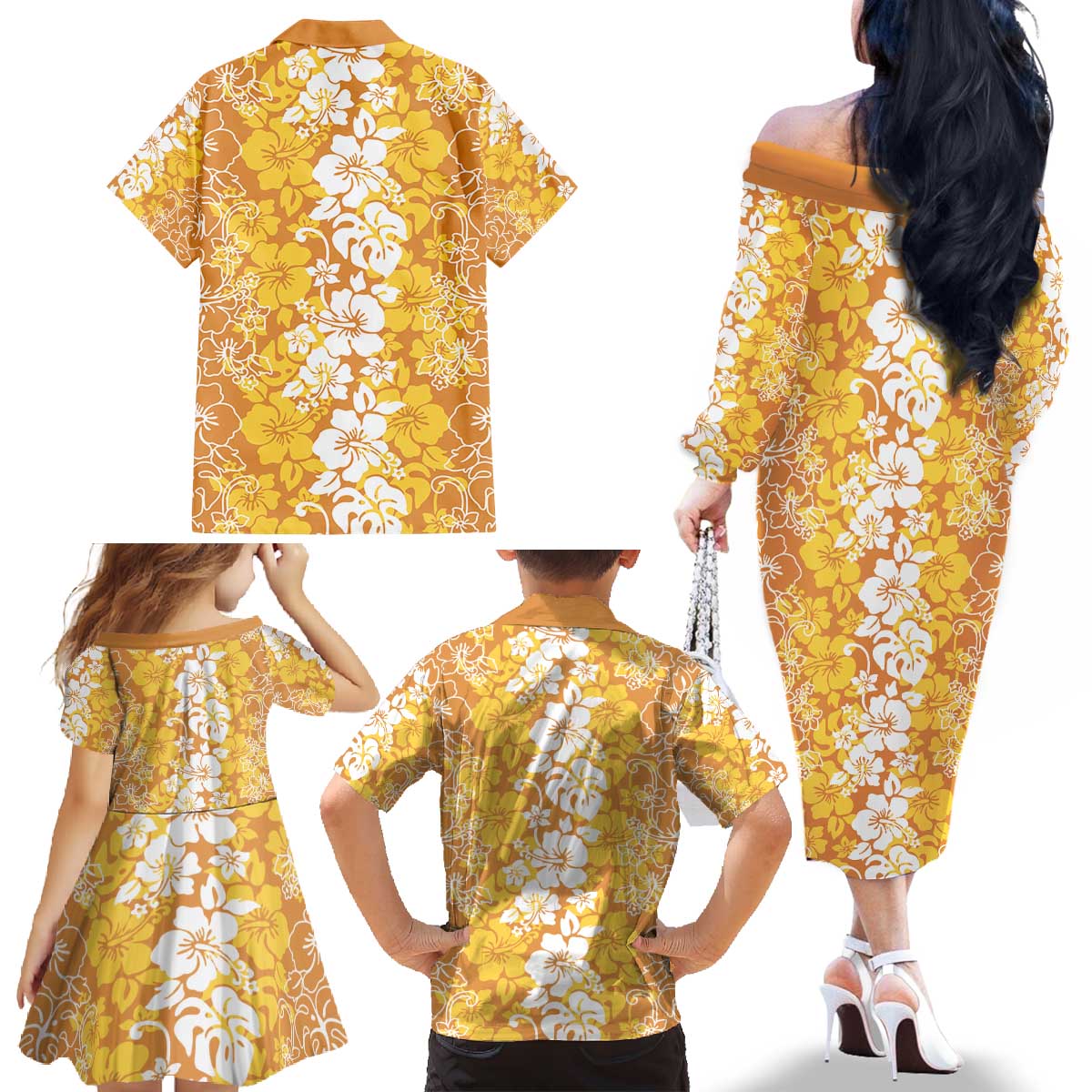 Hawaiian Lei Day Family Matching Off The Shoulder Long Sleeve Dress and Hawaiian Shirt Gold Hibiscus Flowers Lei Art LT9 - Polynesian Pride
