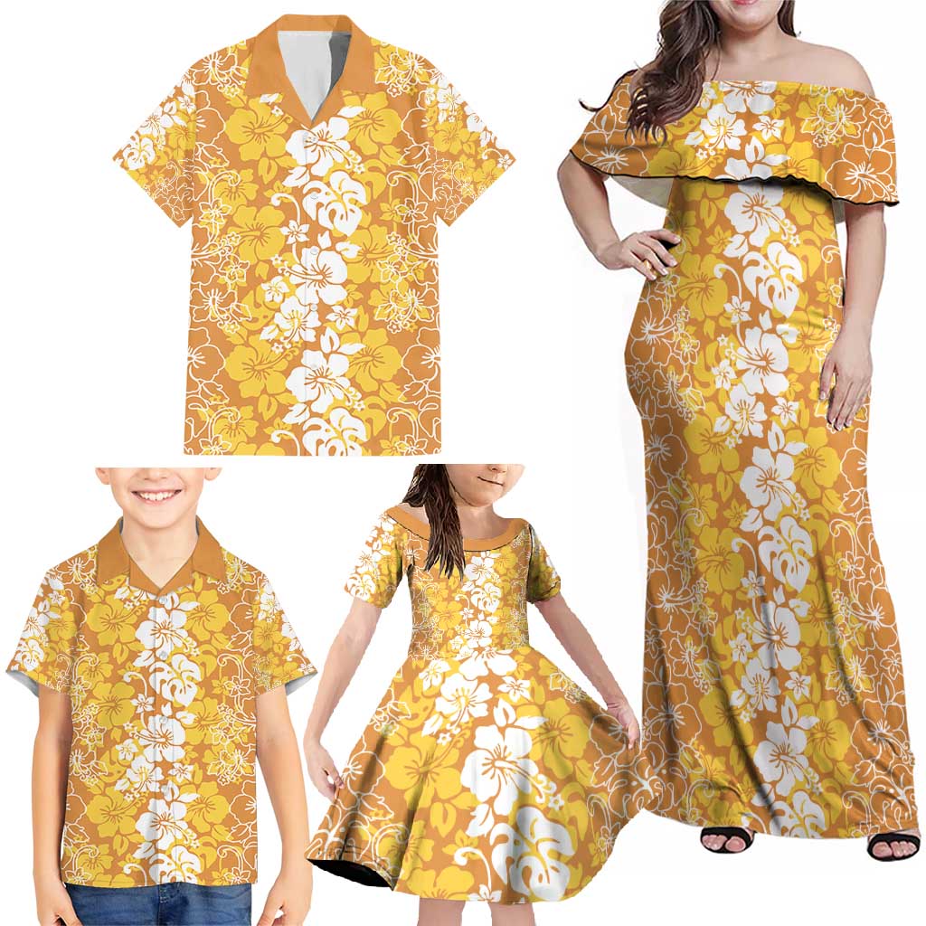 Hawaiian Lei Day Family Matching Off Shoulder Maxi Dress and Hawaiian Shirt Gold Hibiscus Flowers Lei Art LT9 - Polynesian Pride