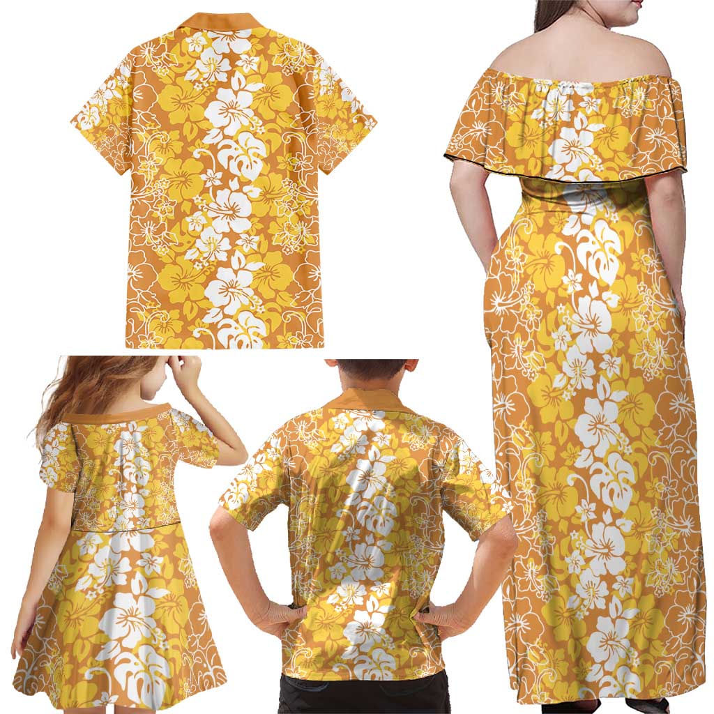 Hawaiian Lei Day Family Matching Off Shoulder Maxi Dress and Hawaiian Shirt Gold Hibiscus Flowers Lei Art LT9 - Polynesian Pride