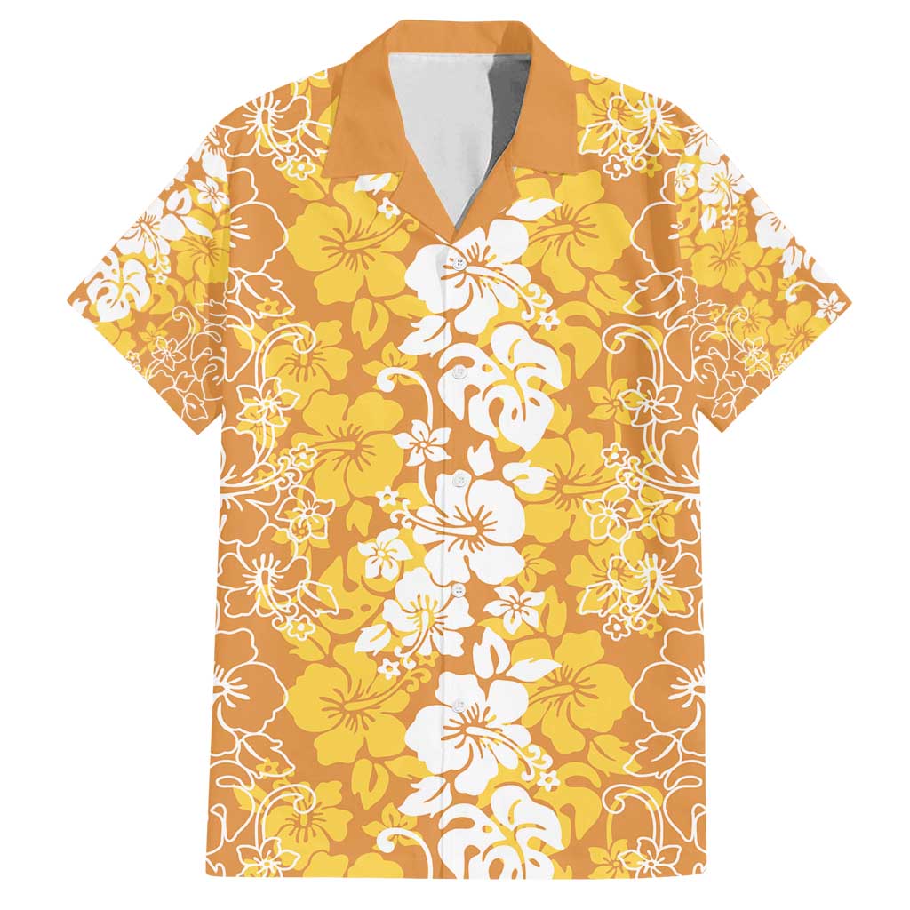 Hawaiian Lei Day Family Matching Off Shoulder Maxi Dress and Hawaiian Shirt Gold Hibiscus Flowers Lei Art LT9 Dad's Shirt - Short Sleeve Gold - Polynesian Pride
