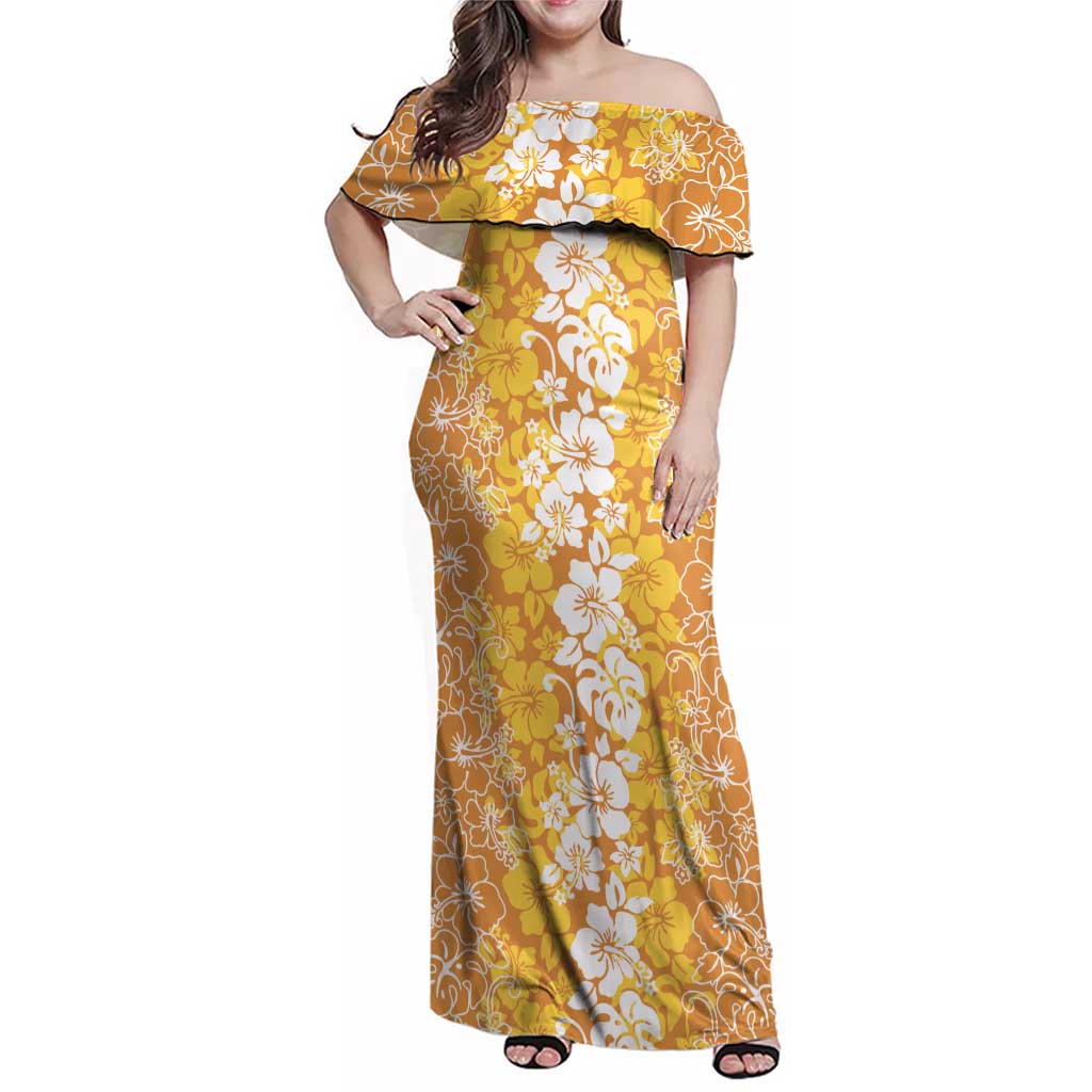 Hawaiian Lei Day Family Matching Off Shoulder Maxi Dress and Hawaiian Shirt Gold Hibiscus Flowers Lei Art LT9 Mom's Dress Gold - Polynesian Pride