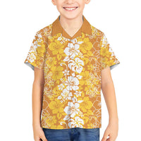 Hawaiian Lei Day Family Matching Off Shoulder Maxi Dress and Hawaiian Shirt Gold Hibiscus Flowers Lei Art LT9 Son's Shirt Gold - Polynesian Pride