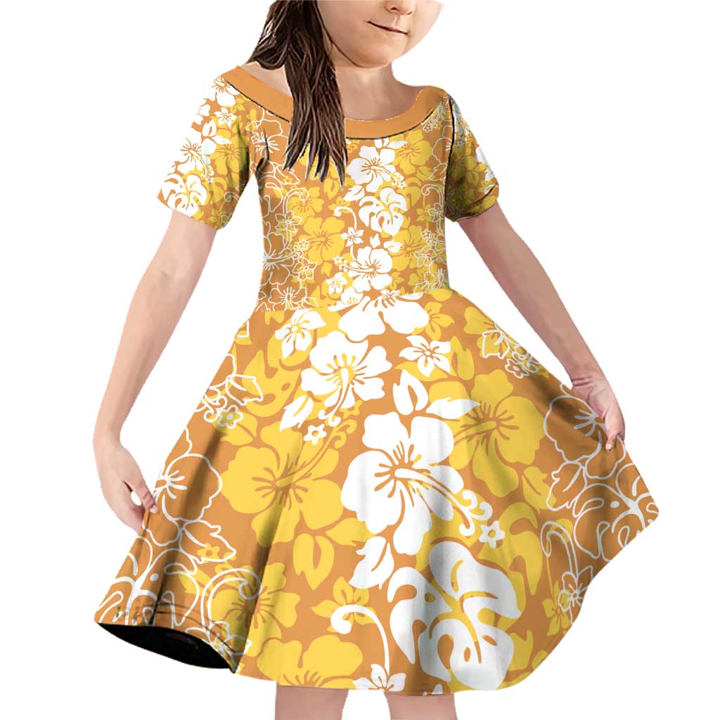 Hawaiian Lei Day Family Matching Off Shoulder Short Dress and Hawaiian Shirt Gold Hibiscus Flowers Lei Art LT9 Daughter's Dress Gold - Polynesian Pride