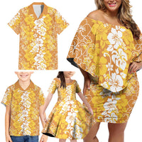 Hawaiian Lei Day Family Matching Off Shoulder Short Dress and Hawaiian Shirt Gold Hibiscus Flowers Lei Art LT9 - Polynesian Pride