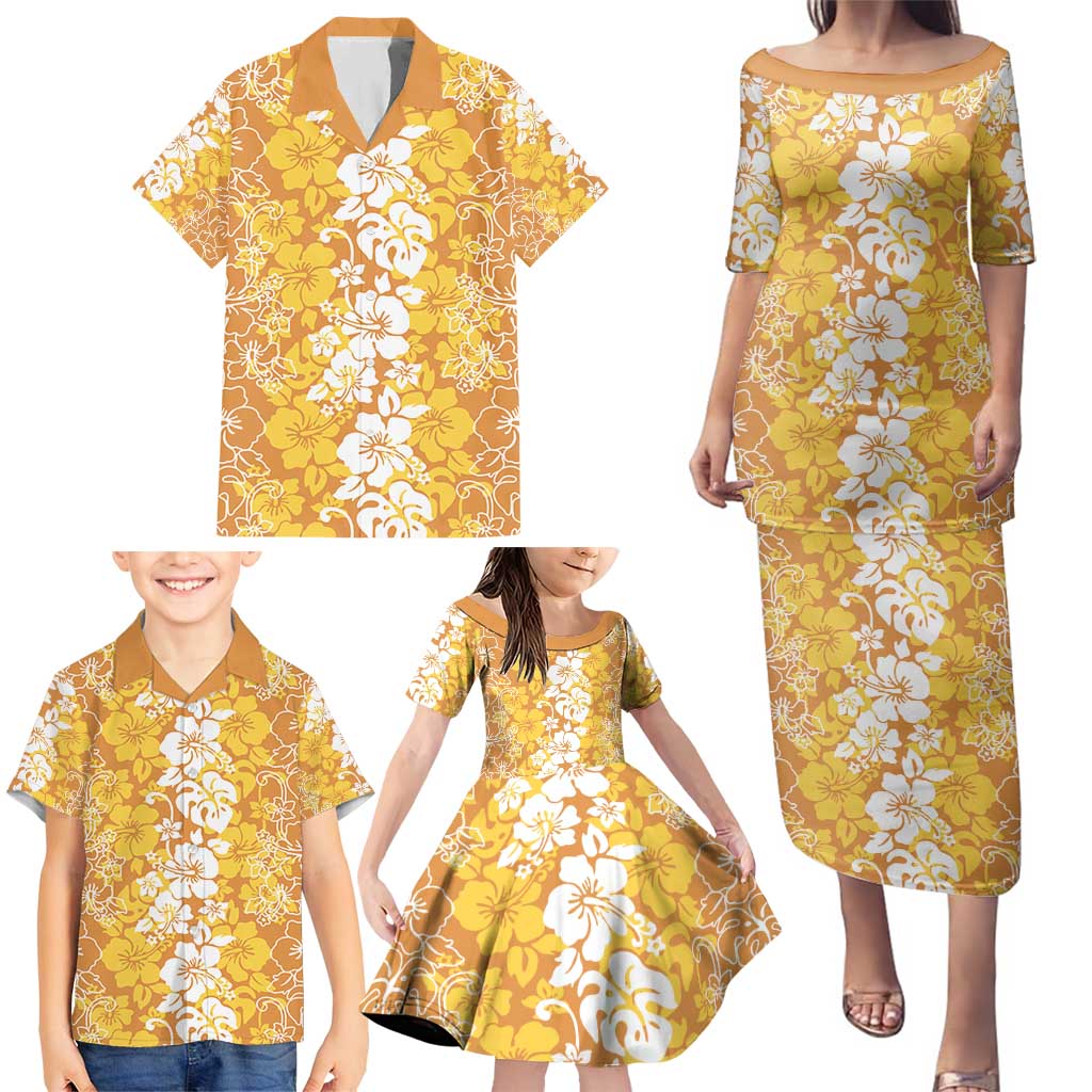 Hawaiian Lei Day Family Matching Puletasi and Hawaiian Shirt Gold Hibiscus Flowers Lei Art LT9 - Polynesian Pride