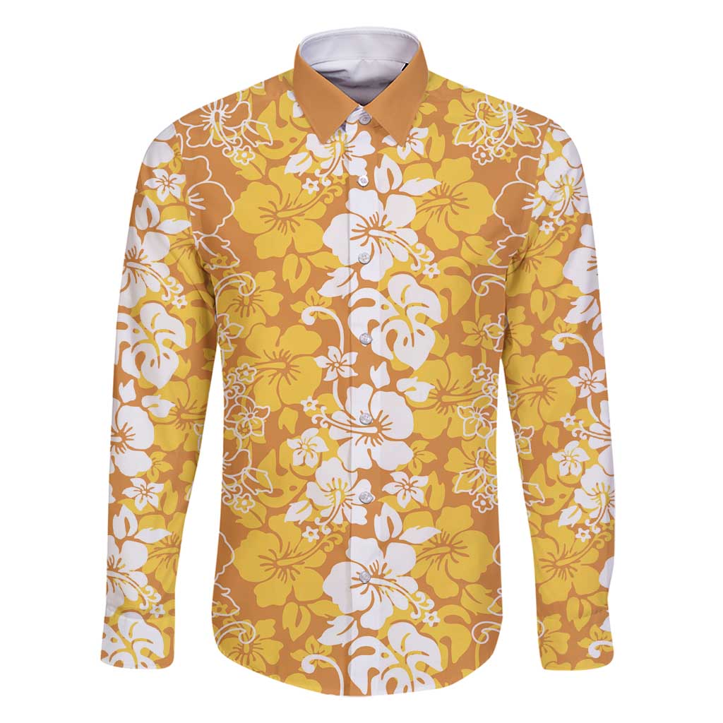Hawaiian Lei Day Family Matching Tank Maxi Dress and Hawaiian Shirt Gold Hibiscus Flowers Lei Art LT9 Dad's Shirt - Long Sleeve Gold - Polynesian Pride