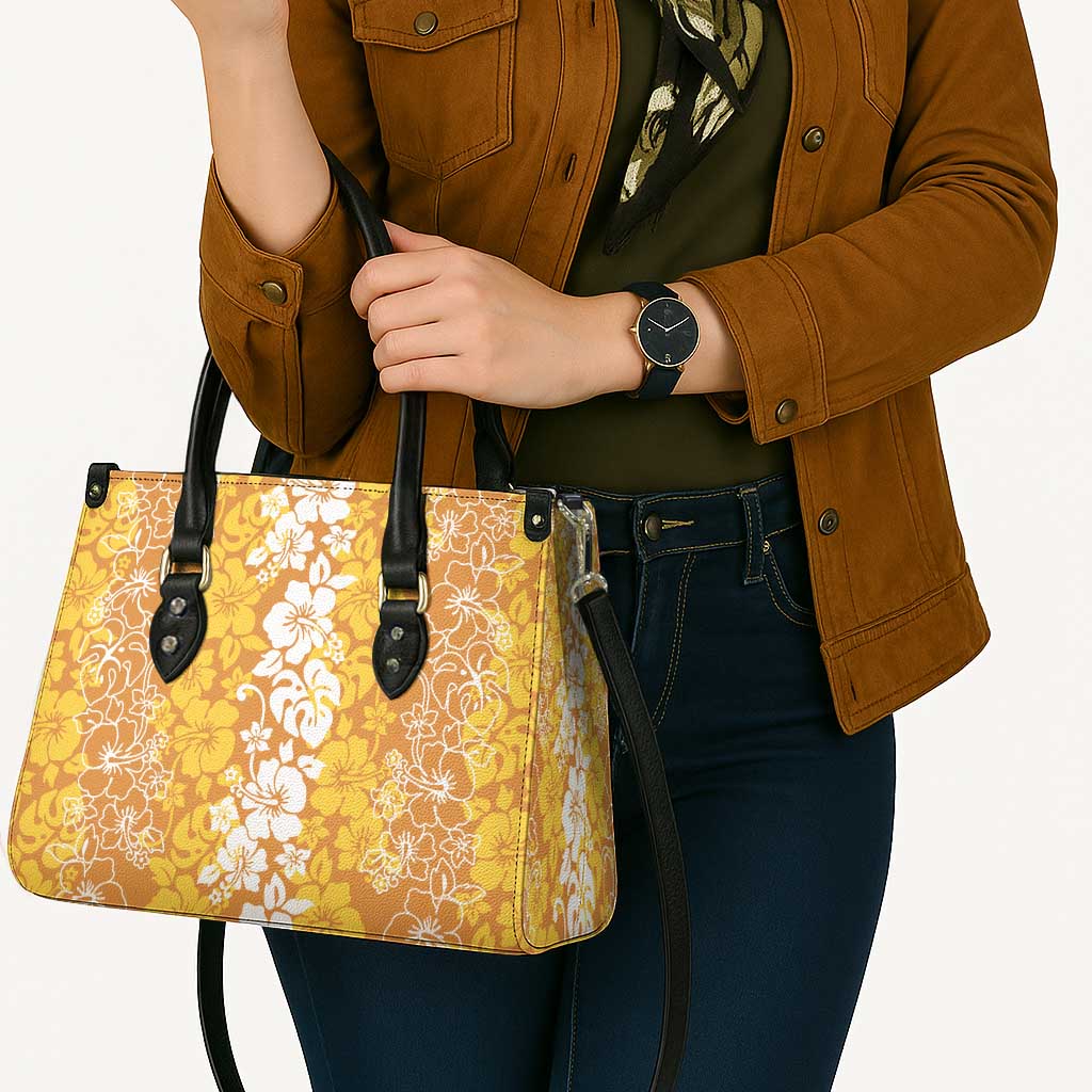 Hawaiian Lei Day Leather Bag Gold Hibiscus Flowers Lei Art - Polynesian Pride
