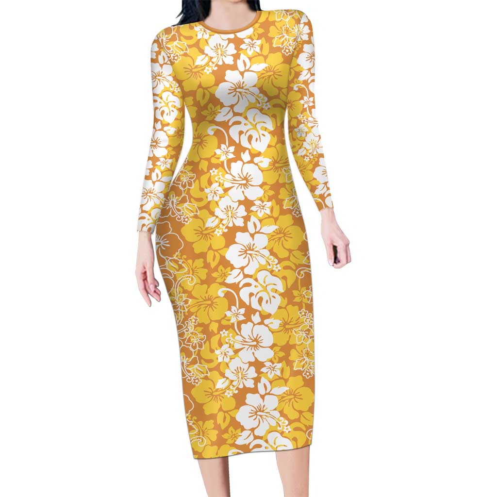 Hawaiian Lei Day Long Sleeve Bodycon Dress Gold Hibiscus Flowers Lei Art