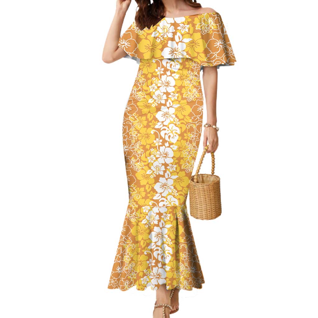 Hawaiian Lei Day Mermaid Dress Gold Hibiscus Flowers Lei Art
