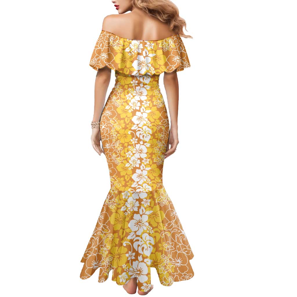Hawaiian Lei Day Mermaid Dress Gold Hibiscus Flowers Lei Art