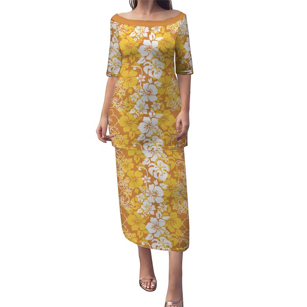 Hawaiian Lei Day Puletasi Gold Hibiscus Flowers Lei Art LT9 Long Dress Gold - Polynesian Pride