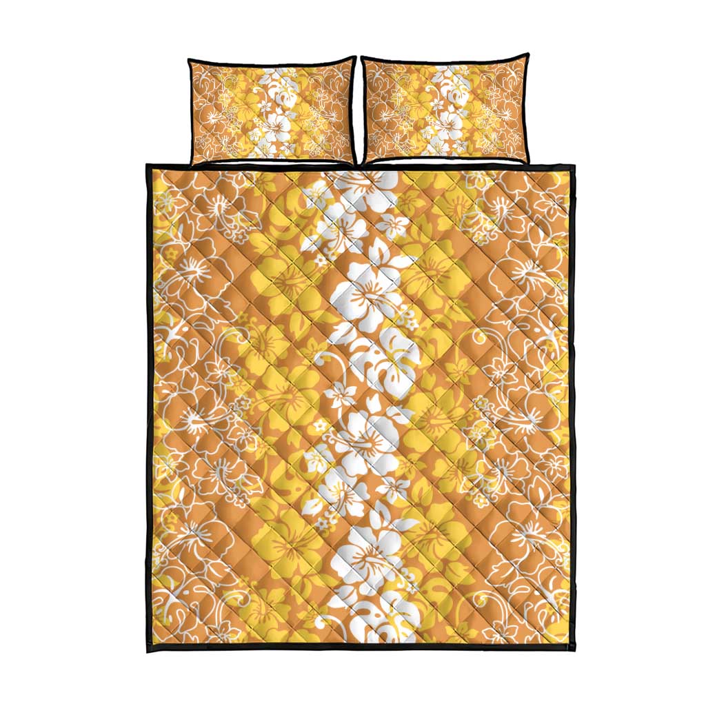 Hawaiian Lei Day Quilt Bed Set Gold Hibiscus Flowers Lei Art