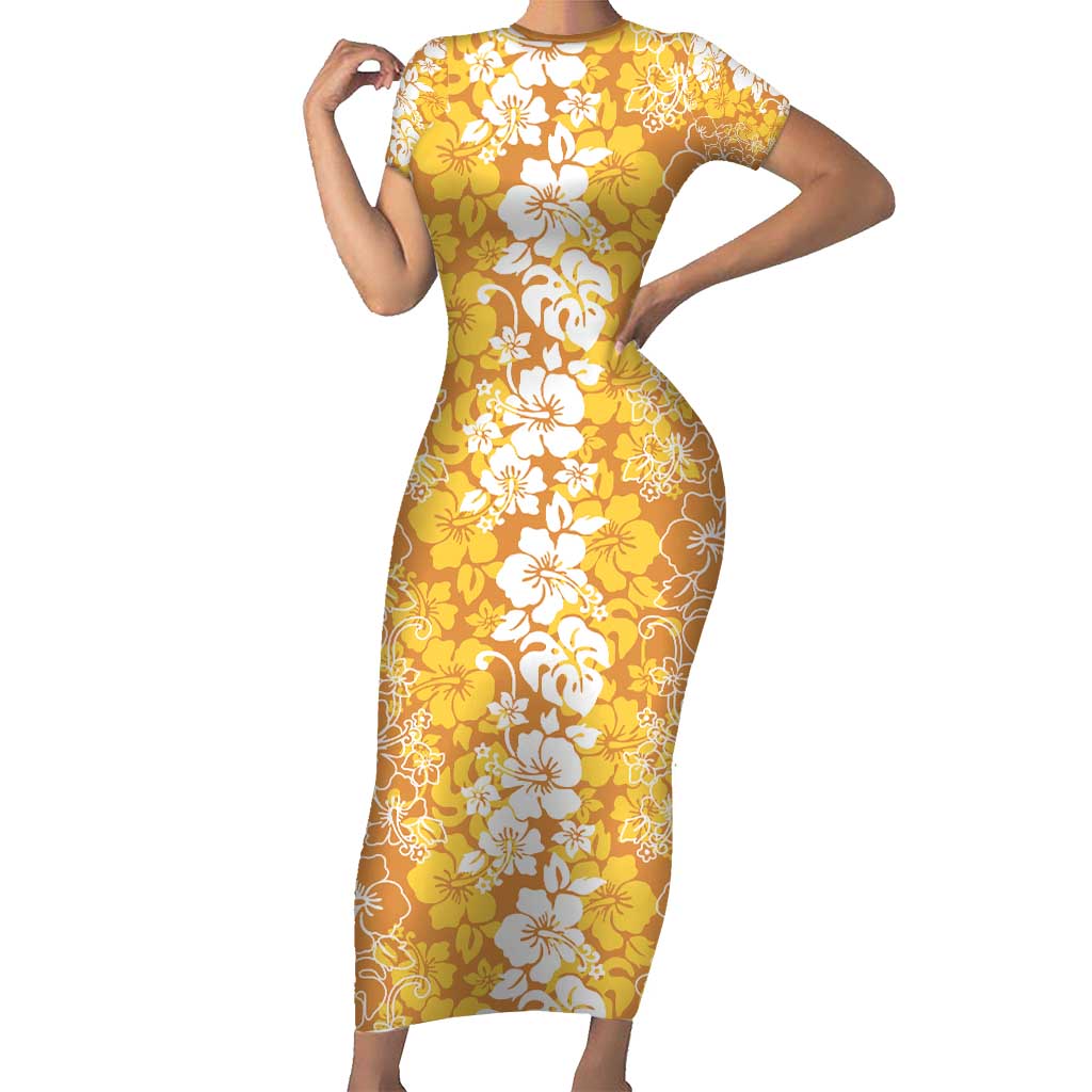Hawaiian Lei Day Short Sleeve Bodycon Dress Gold Hibiscus Flowers Lei Art
