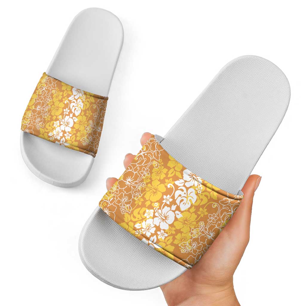Hawaiian Lei Day Slide Sandals Gold Hibiscus Flowers Lei Art - Polynesian Pride
