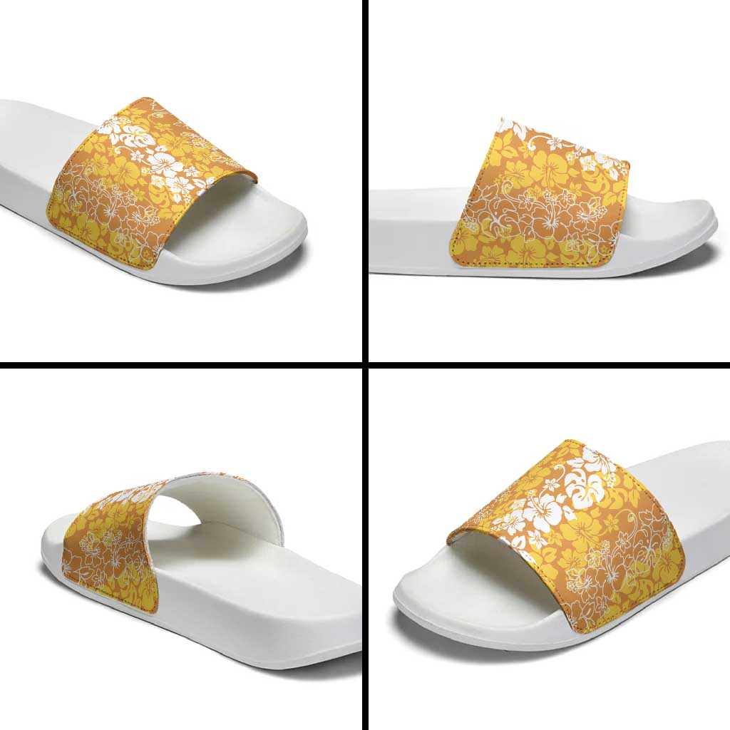 Hawaiian Lei Day Slide Sandals Gold Hibiscus Flowers Lei Art - Polynesian Pride
