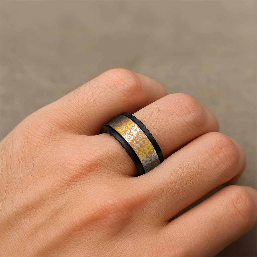 Hawaiian Lei Day Spinner Ring Gold Hibiscus Flowers Lei Art - Polynesian Pride