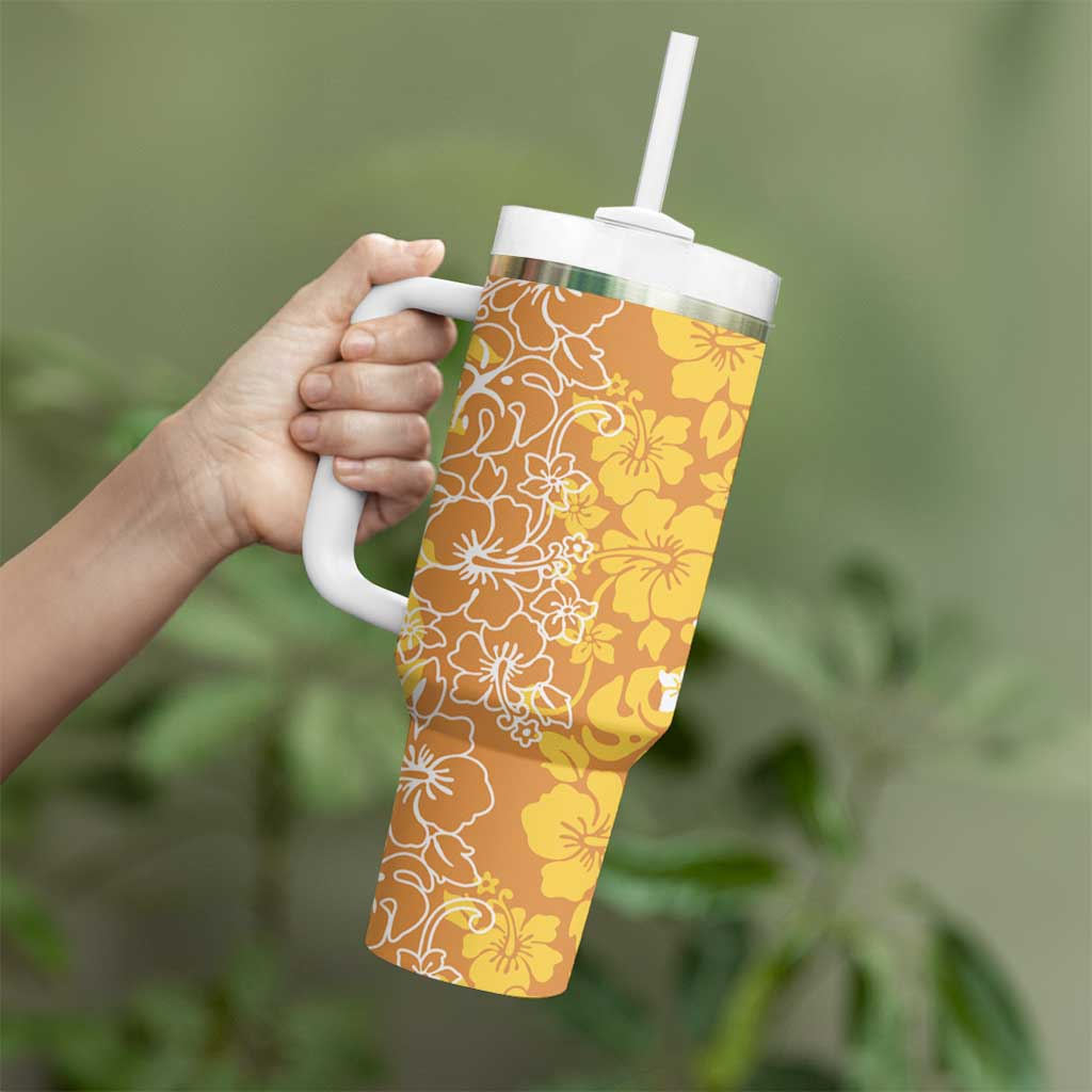 Hawaiian Lei Day Tumbler With Handle Gold Hibiscus Flowers Lei Art