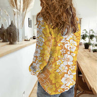 Hawaiian Lei Day Women Casual Shirt Gold Hibiscus Flowers Lei Art