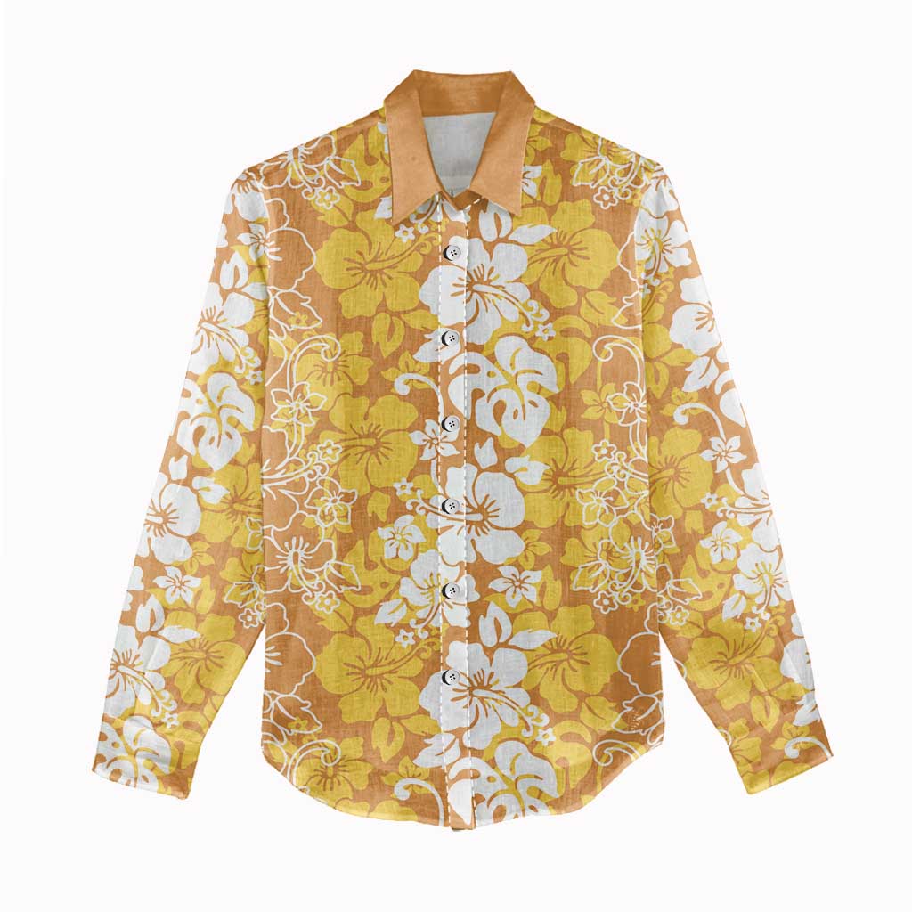 Hawaiian Lei Day Women Casual Shirt Gold Hibiscus Flowers Lei Art