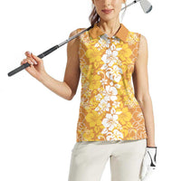 Hawaiian Lei Day Women Sleeveless Polo Shirt Gold Hibiscus Flowers Lei Art