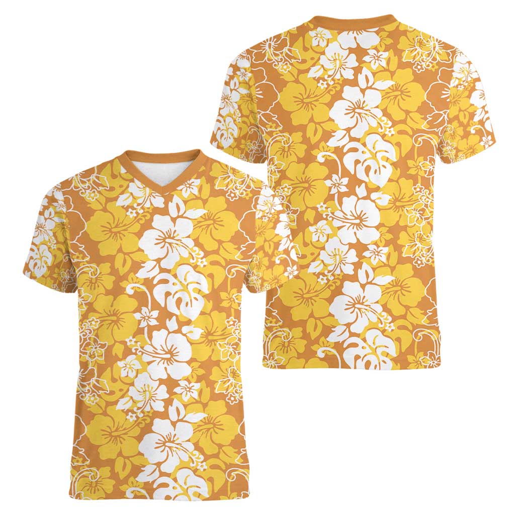 Hawaiian Lei Day Women V-Neck T-Shirt Gold Hibiscus Flowers Lei Art