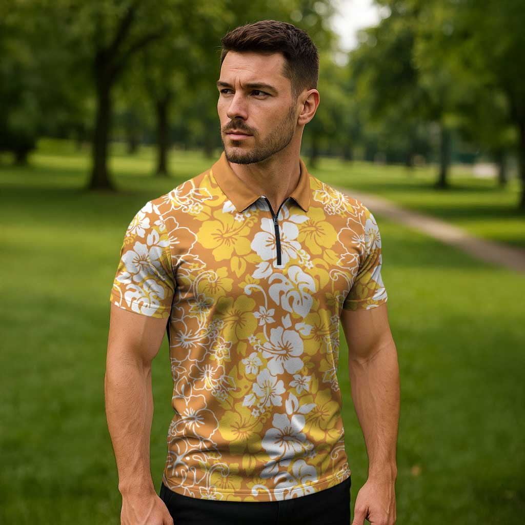 Hawaiian Lei Day Zipper Polo Shirt Gold Hibiscus Flowers Lei Art - Polynesian Pride