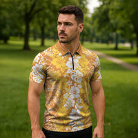 Hawaiian Lei Day Zipper Polo Shirt Gold Hibiscus Flowers Lei Art - Polynesian Pride