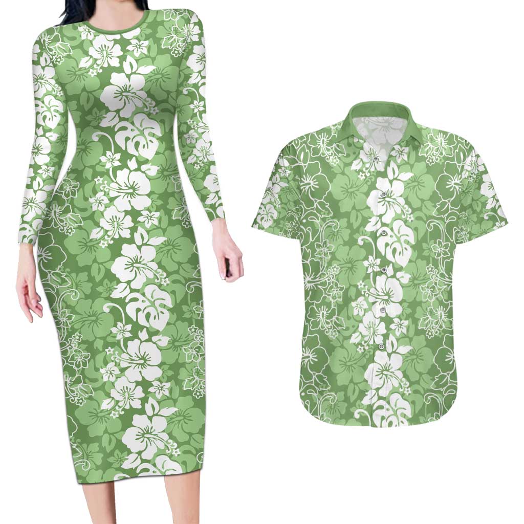 Hawaiian Lei Day Couples Matching Long Sleeve Bodycon Dress and Hawaiian Shirt Green Hibiscus Flowers Lei Art LT9 Green - Polynesian Pride