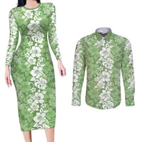 Hawaiian Lei Day Couples Matching Long Sleeve Bodycon Dress and Long Sleeve Button Shirt Green Hibiscus Flowers Lei Art LT9 Green - Polynesian Pride