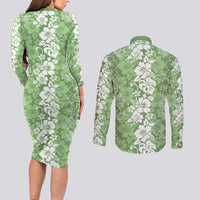 Hawaiian Lei Day Couples Matching Long Sleeve Bodycon Dress and Long Sleeve Button Shirt Green Hibiscus Flowers Lei Art LT9 - Polynesian Pride