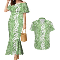 Hawaiian Lei Day Couples Matching Mermaid Dress and Hawaiian Shirt Green Hibiscus Flowers Lei Art LT9 Green - Polynesian Pride