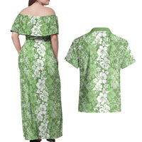 Hawaiian Lei Day Couples Matching Off Shoulder Maxi Dress and Hawaiian Shirt Green Hibiscus Flowers Lei Art LT9 - Polynesian Pride