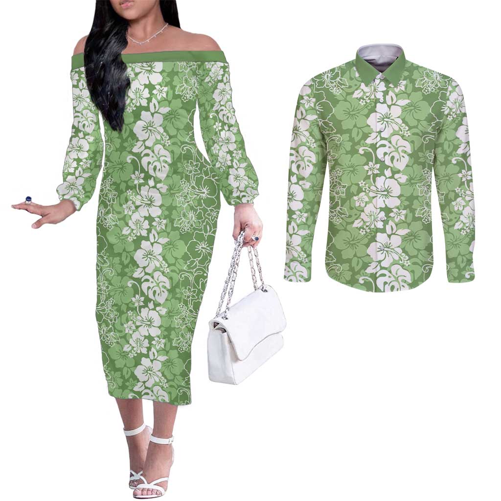 Hawaiian Lei Day Couples Matching Off The Shoulder Long Sleeve Dress and Long Sleeve Button Shirt Green Hibiscus Flowers Lei Art LT9 Green - Polynesian Pride