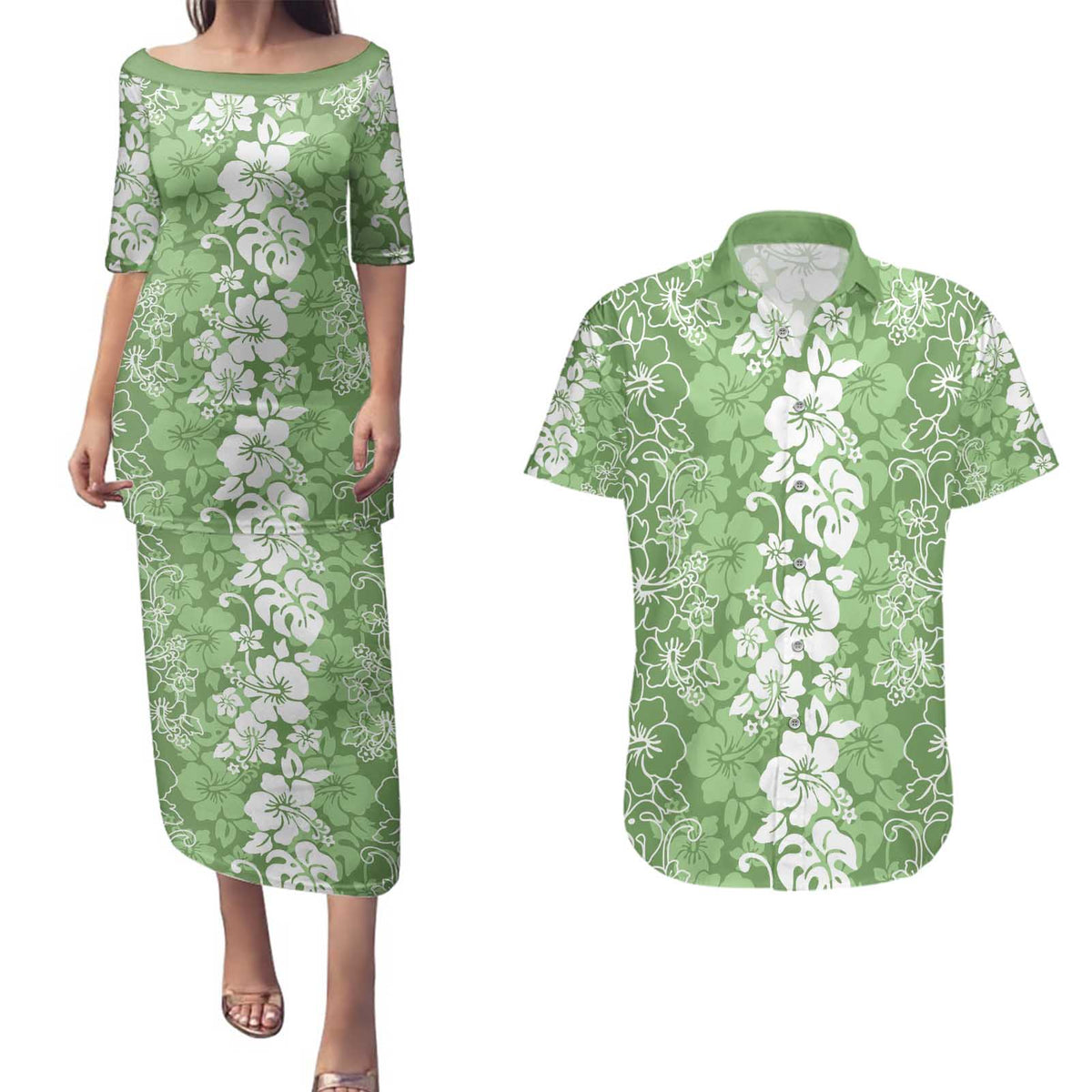 Hawaiian Lei Day Couples Matching Puletasi and Hawaiian Shirt Green Hibiscus Flowers Lei Art